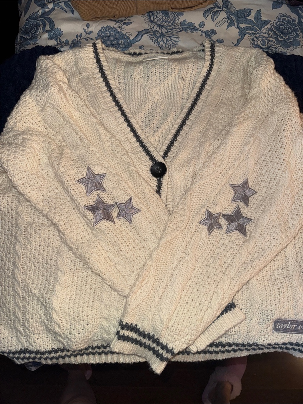 Taylor Swift Cream Cable Knit Cardigan with Gray Star Patches